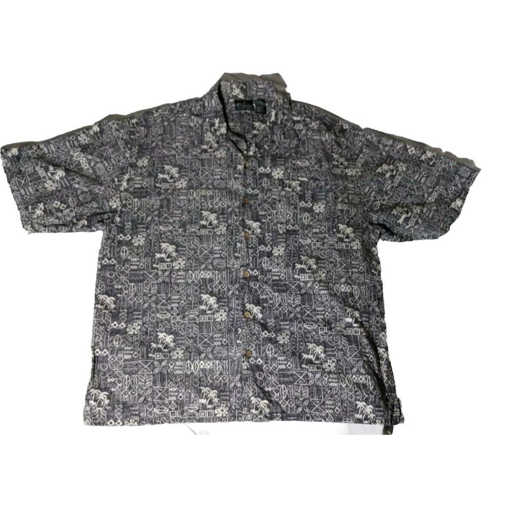 Op Sport Men Heather Blue White Hawaiian Leaf Collar Short sleeve Shirt Size XL